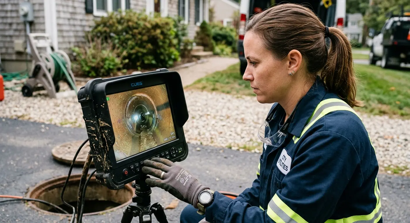 Technician reviewing sewer camera inspection footage in Newfane