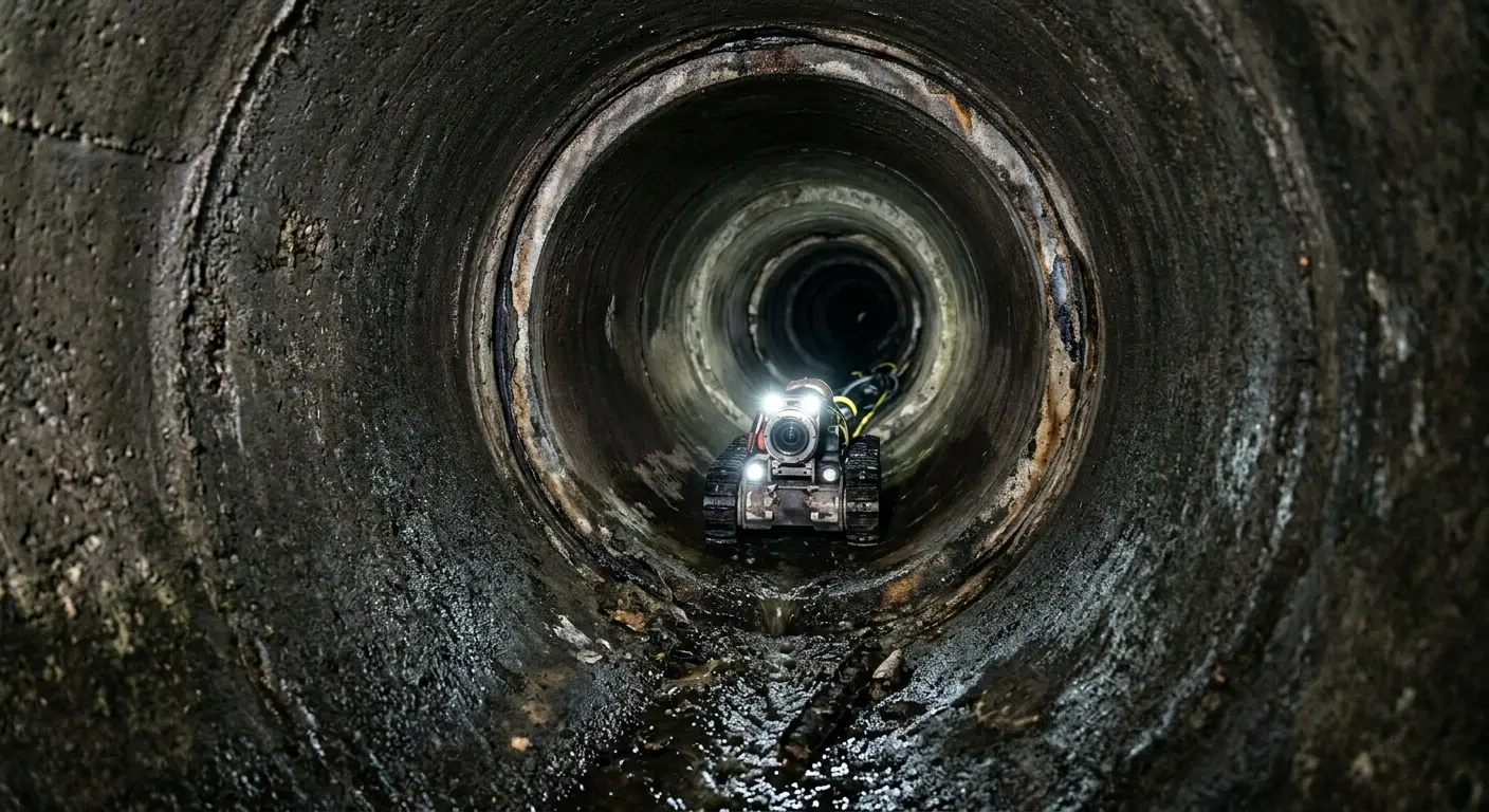 Robotic sewer camera inspecting pipe interior for Sewer Line Cleaning in Newfane