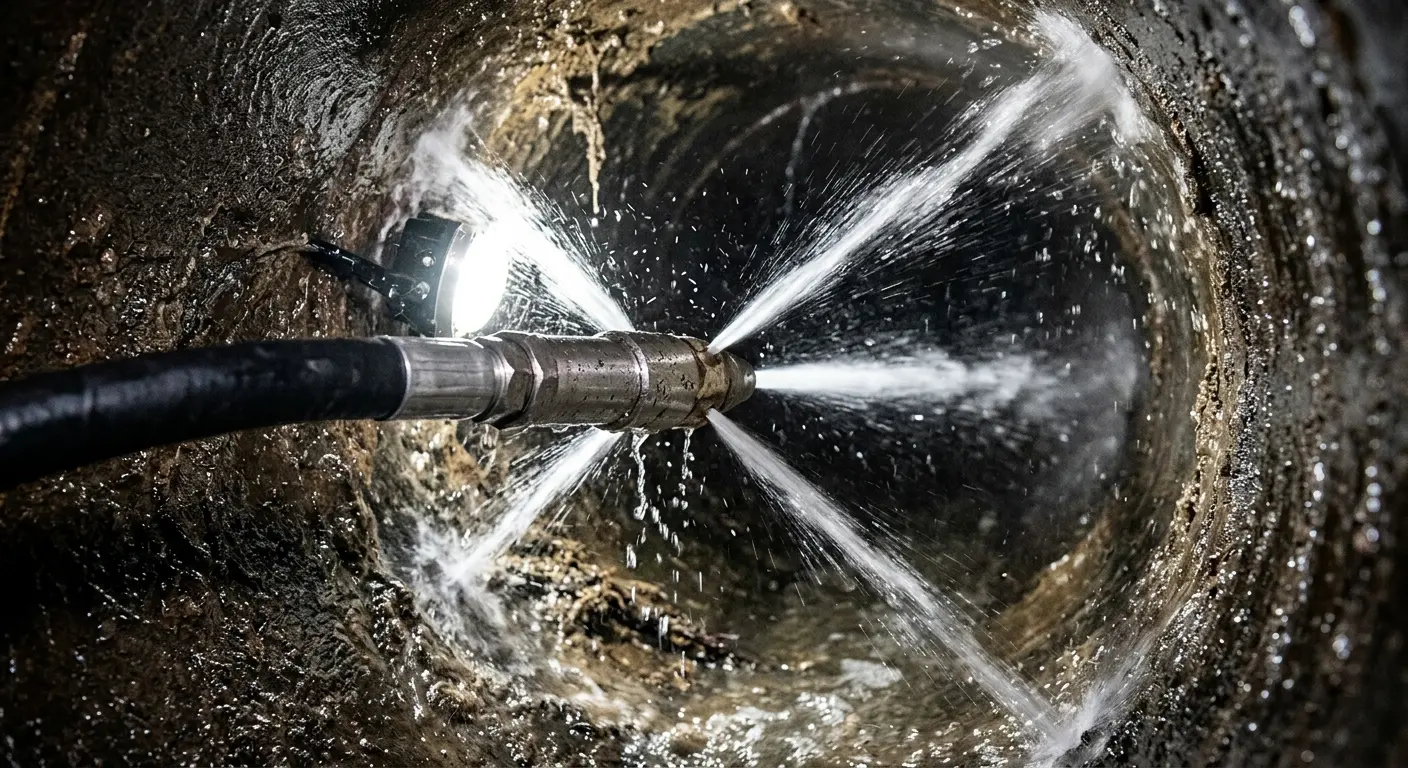 High-pressure hydro jetting nozzle cleaning sewer pipe for Emergency Drain Service in Newfane