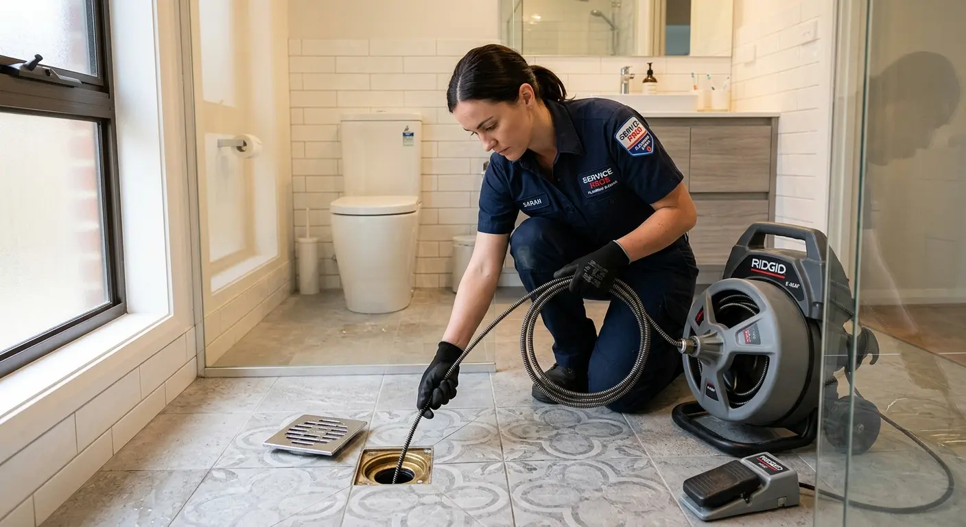 Technician clearing a bathroom floor drain for Hydro Jetting in Newfane